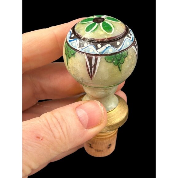 Vintage Set 2 Hand Painted Etched Marble Stone Wine Bottle Stoppers Barware BOHO - Picture 6 of 10
